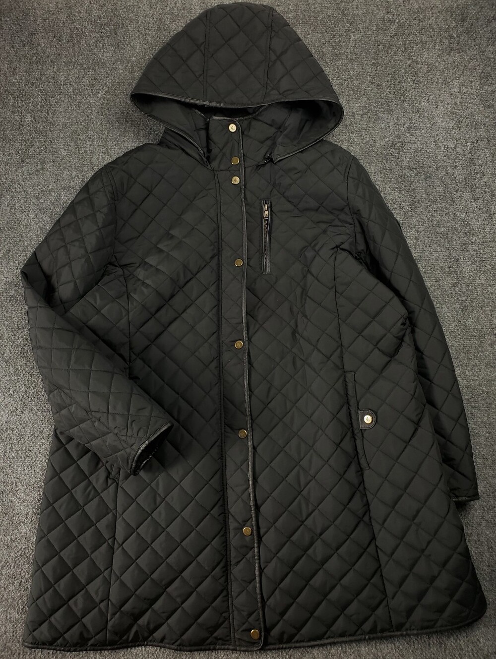 Lauren Ralph Lauren Quilted Long Coat Size 1X Black Hooded Diamond Full Zip